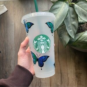 Starbucks Frosted Cup with Blue and Black Butterflies